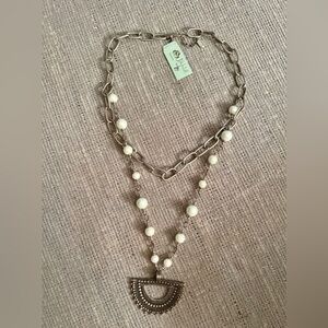 Elegant Silver, Greenish Pearls with Crescent Moon Pendant Necklace